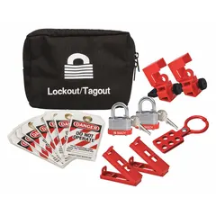 Portable lockout kit in a nylon carrying case (2 in D x 7.5 in W x 4.75 in H). Includes keyed different padlocks, one circuit breaker lockout, one hasp, and one wall switch. Used for isolating energy sources during maintenance or repair in industrial settings.