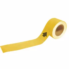 Non-reflective coiled plastic pipe marker with yellow background and yellow legend text. Measures 12 inches wide by 2 inches long, supplied in a 12-inch roll width. Used to indicate flow direction on industrial piping systems.