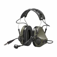 Helmet-mounted wired earmuff with 23 dB NRR for listen-and-talk two-way radio communication. Includes (2) AAA alkaline batteries. Green cup color, non-foldable, not intrinsically safe. Suitable for tactical or industrial environments requiring hearing protection and simultaneous radio communication.