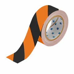 This general purpose floor marking tape features a striped black/orange pattern for visual warning in industrial environments. The 8 mil thick polyester backing provides resistance to wear. Suitable for marking safety zones, walkways, and hazard areas in warehouses, factories, and plants. No legend printed on the tape.
