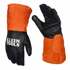 Standard-grade cowhide leather palm and black/orange cowhide backing with straight thumb and gauntlet cuff. Features a wear-resistant patch for added durability. Suitable for MIG and TIG welding tasks requiring dexterity and hand protection.