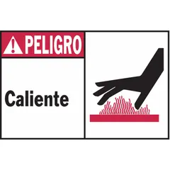 Polyester adhesive sign with Spanish warning for hot surfaces. Non-retroreflective, non-glow-in-the-dark. Nominal size 3 1/2 in x 5 in, 0.01 in thick. Sold in packs of 5. Suitable for marking hot equipment or surfaces in industrial settings.
