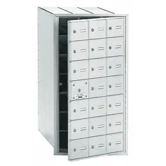 Horizontal multi-unit mailbox with 21 lockable front-access doors for secure mail distribution. Recessed mounting design for space-saving installation in apartment buildings, condominiums, or commercial facilities. Dimensions: 40 3/4 in H x 22 3/4 in W x 16 1/2 in D.