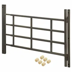 Carbon steel window security bar with bronze finish. Fixed installation for inside mounting. Height 21 1/4 inches, adjustable width from 23 1/2 to 38 inches, with 4 horizontal bars. Used to reinforce windows against unauthorized entry while allowing light and ventilation.