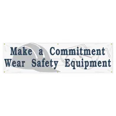 Indoor/outdoor banner printed on one side, made of poly sheeting. Measures 28 in x 96 in. Used to display safety messages in industrial facilities such as workshops, warehouses, and plant floors.