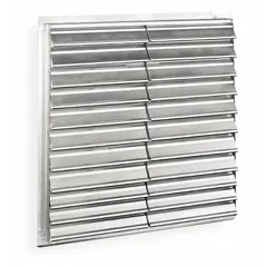 This wall-mount backdraft damper features a double-panel, flat blade design for horizontal airflow. It is vertically mounted and has a maximum air velocity of 2500 fpm. Typical applications include preventing reverse airflow in ventilation systems such as industrial exhaust, commercial kitchens, and warehouse ventilation.