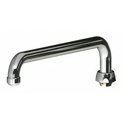 This double-bend faucet spout is constructed of brass with a polished chrome finish. It features a swivel design and a 12-inch spout reach, delivering laminar flow. Mounting hardware is included. Typical applications include commercial kitchens, laboratories, and healthcare facilities where precise water delivery and reduced splashing are required.