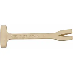 This non-sparking pry bar with claw end is designed for prying and nail pulling in environments where flammable gases or dusts are present. It measures 9 inches in overall length, with an 11/16-inch bar width and a 2 3/4-inch end width. The tool is corrosion-resistant and meets ASTM A342 standards for magnetic permeability.