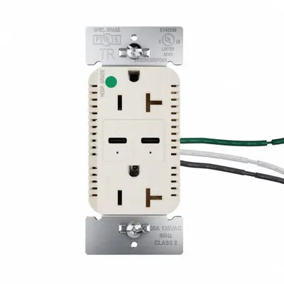 LEGRAND Receptacle: Duplex, 5-20R, 2 USB Ports, USB Type C, Light Almond, 125V AC - Hospital-Grade Receptacles with USB Chargers