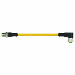 Double-ended cordset with M12 male straight connector on one end and M12 female right-angle connector on the other. Features 4 pins, 3 m cable length, yellow TPE jacket, and wire sizes 19 AWG/22 AWG. Rated IP67 for use in harsh industrial environments requiring resistance to oil, chemicals, and abrasion.