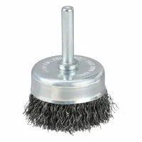 This cup brush features crimped steel fill with a 0.012 in fill diameter for light cleaning of carbon steel surfaces. It has a 1-1/2 in brush diameter and a 1/4 in shank. Suitable for removing rust, scale, and light burrs on flat or contoured workpieces in metal fabrication and maintenance