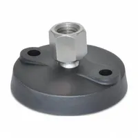 Swivel female leveling mount with boltless design, made of glass filled nylon. Thread size 3/8"-16, load capacity 5,000 lbf. Includes mounting holes for installation. Used for leveling and stabilizing machinery, conveyors, and workstations