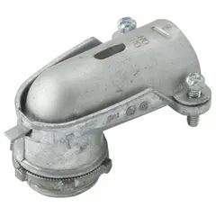 This 90° clamp-style connector is made of zinc with a gray finish. It has a 1 in MNPT box connection and 1"-11-1/2 NPSM thread, using a squeeze-type connection and squeeze clamp for cable clamping. Non-insulated and UL listed, it is designed for use with metal-clad (MC) cable in electrical conduit systems.