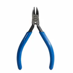 Semiflush-cut pliers with narrow jaw design for precision cutting in confined spaces. Overall length 4 1/4 in, jaw length 1/2 in. Suitable for cutting small wires and components in electrical, electronics, and telecom applications.