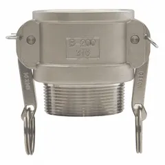 This Type B cam and groove fitting is constructed of 316 stainless steel with a Nitrile gasket. It has a 2-1/2 in coupling size and a 2-1/2 in -8 MNPT thread connection, with an overall length of 3 5/16 in. Used for quick-connect fluid handling in industrial applications requiring corrosion resistance and a secure seal.