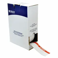 Red-header polyester label roll with red/white coloring and acrylic adhesive. Each label measures 2 in x 4 1/8 in and 4 1/8 in x 2 in. Compatible with BMP71 printer series. Used for industrial danger warnings and safety identification.