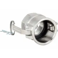 This Type D cam and groove coupling features a 316 stainless steel body with a 1-1/2 in -11-1/2 FNPT thread and a nitrile gasket. It includes a locking arm for secure connections and has an overall length of 2 41/64 in. Used for quick-connect hose and pipe connections in fluid transfer applications
