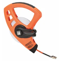 Manual open-reel tape measure with a 165 ft fiberglass blade. Single-sided SAE/Engineers scale graduated in 1/100 ft increments. Nonmagnetic single hook end. Plastic case. Suitable for measuring long distances in construction, surveying, and engineering layout work.