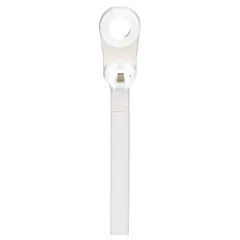 Screw mount cable tie for securing wire bundles. Nominal length 8 1/2 in, maximum bundle diameter 2 in, width 0.18 in. Features a 0.19 in screw mount hole for permanent attachment to flat surfaces. Natural color, 100 pieces per pack.