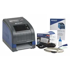 Single-color thermal transfer printer with a maximum label width of 4 1/4 inches. Includes a USB cable, battery, and Brady Workstation Design & Print Essentials Insert Download software. Suitable for creating labels in industrial environments such as asset tagging, cable marking, and safety signage.