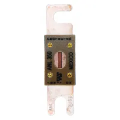 Bolt-on, fast-acting fuse rated 350 A at 80 V DC, with indicating feature for blown-fuse detection. Suitable for AC/DC circuits requiring overcurrent protection in industrial equipment such as forklifts and general machinery. Part of the ANL series, equivalent to ANL and CNL series.