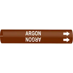 Pipe marker for identifying argon gas lines. Brown background with white legend text and directional arrows. Fits pipe outer diameters of 4 to 6 inches. Supplied as a single marker.