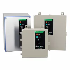 Hardwired ground fault circuit interrupter rated 6A at 208V AC, three-phase, with manual reset and no audible alert. NEMA 4X enclosure suitable for wet or corrosive environments. Provides ground fault protection for industrial equipment in processing plants, water treatment, and outdoor installations.