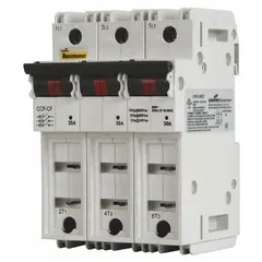 This BUSSMANN fuse block is a UL Class J, finger-safe device with 3 poles rated for 600 V AC. It features DIN rail mounting and box lug termination, suitable for mounting and connecting Class J fuses in industrial control panels, motor control centers, and distribution equipment.