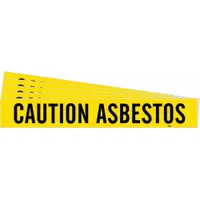 Adhesive pipe marker with yellow background and black legend reading 'Caution Asbestos'. Designed for pipes with outer diameter of 8 inches and larger. Pack of 5 markers without arrows. Used to identify piping systems containing asbestos in industrial facilities