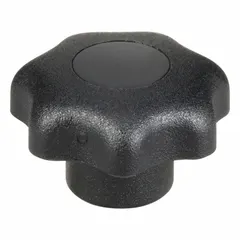 7-arm knob with threaded hole for manual adjustment and clamping on machinery, jigs, and fixtures. Plastic body with steel thread insert. M5 thread, 10 mm thread length, 25 mm diameter.