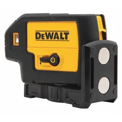 Red beam dot laser level projecting five dots for point-to-point transfer, plumbing, and squaring. Electronic self-leveling with ±1/4 in @ 100 ft accuracy. Range of 100-200 ft without detector. Powered by AA batteries; includes kit box for storage.