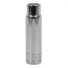 This 1/2" drive hand socket features a 1/2" SAE size, 12-point configuration, and deep length for accessing recessed fasteners. The chrome finish provides corrosion resistance. Suitable for tightening or loosening fasteners in automotive repair, industrial maintenance, and mechanical assembly.