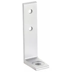 This non-adjustable floor bracket is made of anodized aluminum and designed to secure single extrusion profiles to a floor surface. It measures 34 mm x 34 mm x 140 mm and does not include fasteners. Typical applications include industrial framing, machine guarding, workstations, and conveyor supports where a rigid mounting point is required.