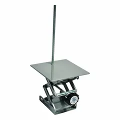 Aluminum platform lift with 5 1/2 in platform length, adjustable from 2 3/4 in to 10 1/2 in. Used in laboratories and industrial settings to safely raise or support equipment, glassware, or containers for precise positioning under heating mantles, baths, or reaction vessels.