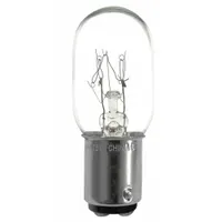 Incandescent lamp with a BA15d double-contact bayonet base and T7 tubular shape. Operates at 120V AC and produces white light. Suitable for indicator lighting, instrument panels, and general illumination in control cabinets and machinery where a compact white-light source is required