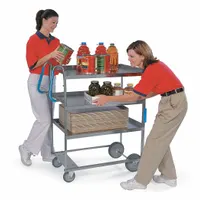 This LAKESIDE utility cart features three stainless steel shelves with a silver finish and a 700 lb load capacity. It has an overall height of 46 3/4 inches and is equipped with two fixed casters. Suitable for transporting supplies in commercial kitchens, hospitals, and industrial settings