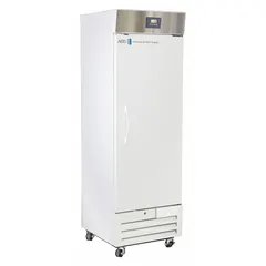 This upright lab refrigerator provides 16 cubic feet of storage capacity with a temperature range of 1°C to 10°C. It features a white swing solid door that opens to the right and uses R-290 refrigerant. A temperature alarm is included for monitoring. Typical applications include storing reagents, media, and biological samples in laboratory environments.