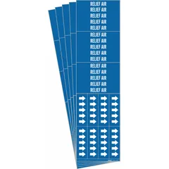Blue adhesive pipe markers with white legend text reading 'Relief Air' and directional arrows. Each pack contains 3 markers for pipes with an outside diameter of 3/4 inch and smaller. Sold in a 5-pack configuration. Used to identify pipes carrying relief air in industrial piping systems.