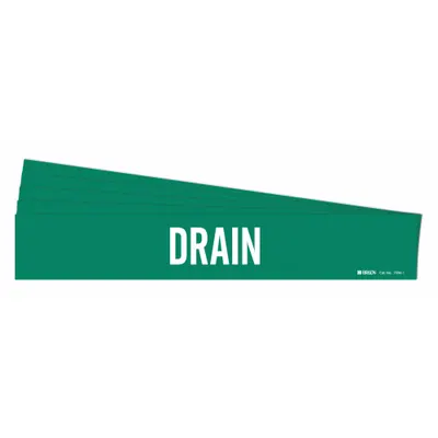 BRADY Pipe Marker: Drain, Green, White, Fits 2 1/2 to 7 7/8 in Pipe O.D., 1 Pipe Markers - Drain Adhesive Pipe Markers
