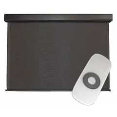 Motorized exterior sun shade with remote control, right-side operation. Features a 120-inch valence width, Kona fabric, and Oil Rubbed Bronze valance. Cable tie-down system secures the shade. Suitable for patios, decks, and outdoor areas to block solar heat and UV rays.