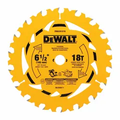 Framing blade for cutting wood. 6-1/2 in diameter with 18 teeth and 0.07 in kerf. 5/8 in arbor. Suitable for fast cuts in dimensional lumber and plywood in construction and carpentry.