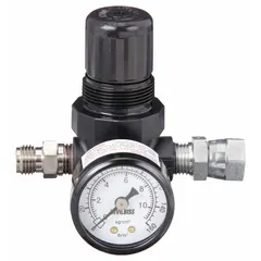 This compressed air regulator controls and stabilizes downstream air pressure in pneumatic systems. It features 1/4 in NPT ports and a flow capacity of 15 cfm. Typical applications include spray painting, air tools, and industrial automation where precise pressure regulation is required.