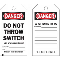 White cardstock tags printed in black, red, and white with 'Danger/Do Not Throw Switch Men At Work On Circuit Signed By: Date:' and 'Danger/Do Not Remove This Tag Remarks:' messaging. Each pack contains 100 tags with cotton string fasteners. Designed for electrical hazard identification and lockout/tagout procedures to warn against switch operation or tag removal during maintenance.