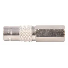 Female BNC connector for terminating coaxial cables in video, RF, and data transmission systems. Crimp-on 3-piece design with silver finish. Suitable for plenum-rated installations requiring fire safety compliance. Supplied in a 10-pack.