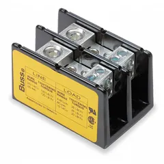 Open-type power distribution block with aluminum construction and lug-to-lug connections. Accepts line-side wire sizes from 14 AWG to 2/0 AWG. Designed for surface mounting in industrial control panels, switchgear, and machinery to split a single power source into multiple branch circuits.