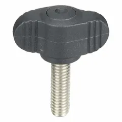 Wing knob with threaded stud for manual clamping, positioning, and adjustment on machinery and fixtures. Features a 28 mm diameter plastic body with a stainless steel M6 thread insert and 20 mm thread length. Wing design enables hand tightening without tools.