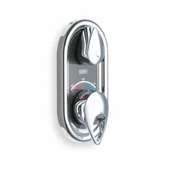 This thermostatic/pressure balancing valve kit from Chicago Faucets is designed for bathtub and shower installations. It features an oval chrome trim plate made of brass and is compatible with all Chicago Faucet showerheads. The valve helps maintain consistent water temperature and pressure, suitable for commercial and institutional shower systems.