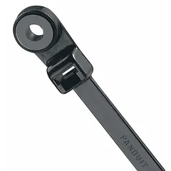 Black standard screw mount cable tie with 0.19 in width and 2 in nominal maximum bundle diameter. Features a #6 screw mount hole for permanent attachment to flat surfaces. Suitable for securing and organizing cables in control panels, enclosures, and similar applications. Supplied in a 100-piece pack.