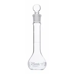 Colorless Type I USP glass volumetric flask with 25 mL capacity, 0.08 mL tolerance, and 110 mm overall height. Includes closure and compatible with stopper size 13. Used for precise liquid measurement and dilution in analytical chemistry and pharmaceutical labs.