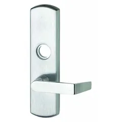Mechanical night latch outside trim for exit push bars, designed for right-hand reverse doors. Provides key-controlled access from the exterior while allowing free egress from inside. Finish is silver (US26D). Not ADA compliant.